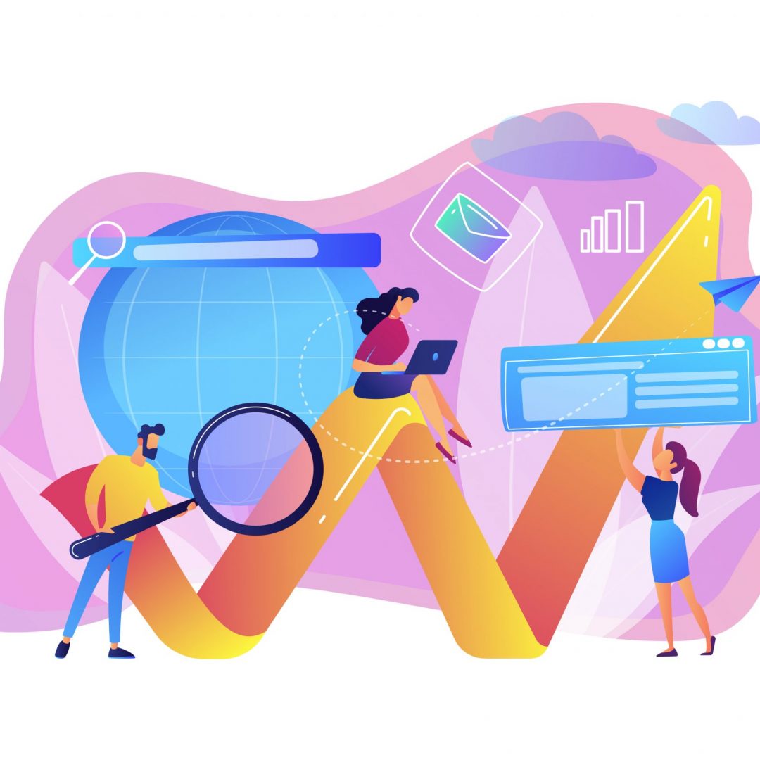 Team of specialists with magnifier and laptop and arrow. Digital marketing, PPC campaign, customer relationships concept on white background. Bright vibrant violet vector isolated illustration