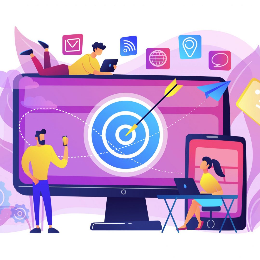 Concumers with devices get targeted ads and messages. Multi device targeting, reaching audience, cross-device marketing concept on white background. Bright vibrant violet vector isolated illustration