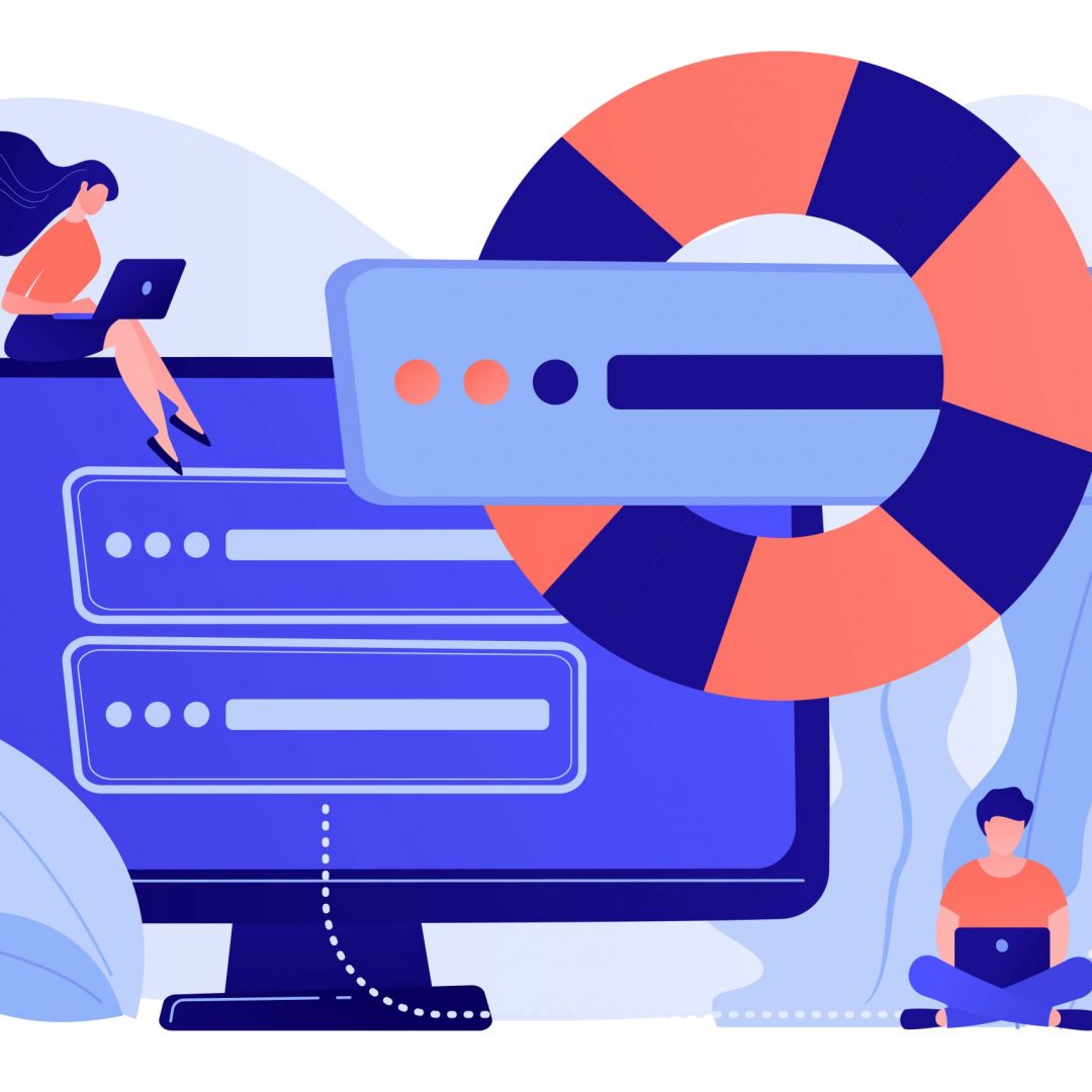 Tiny people programmers with laptops save data on backup server with lifebuoy. Backup server, online backup storage, secondary system server concept. Pinkish coral bluevector isolated illustration